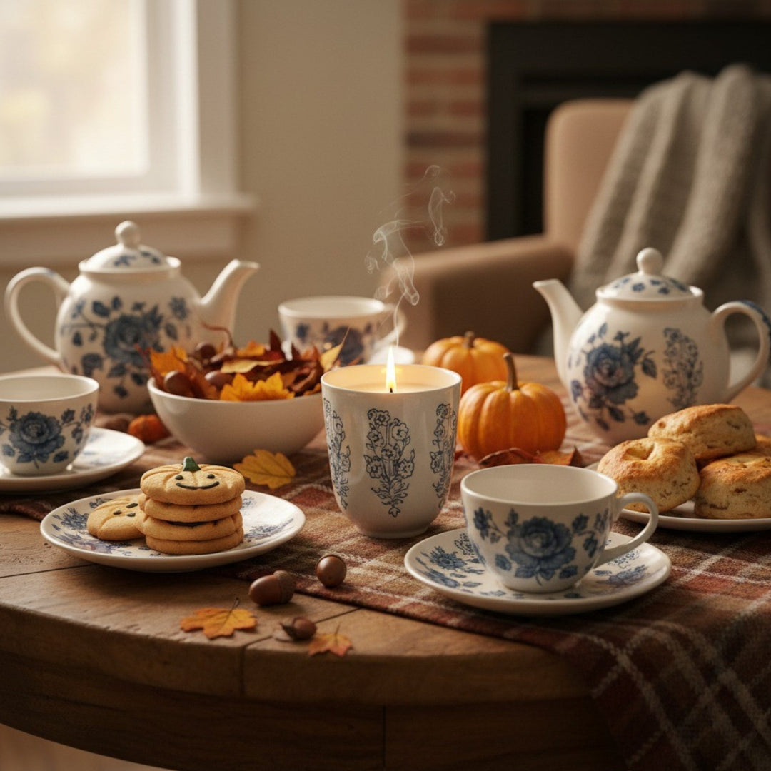 Tea set with cookies, pumpkins, and a candle on a wooden table in a cozy room.