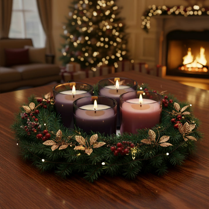 Decorative Advent wreath with candles on a table in a festive living room.